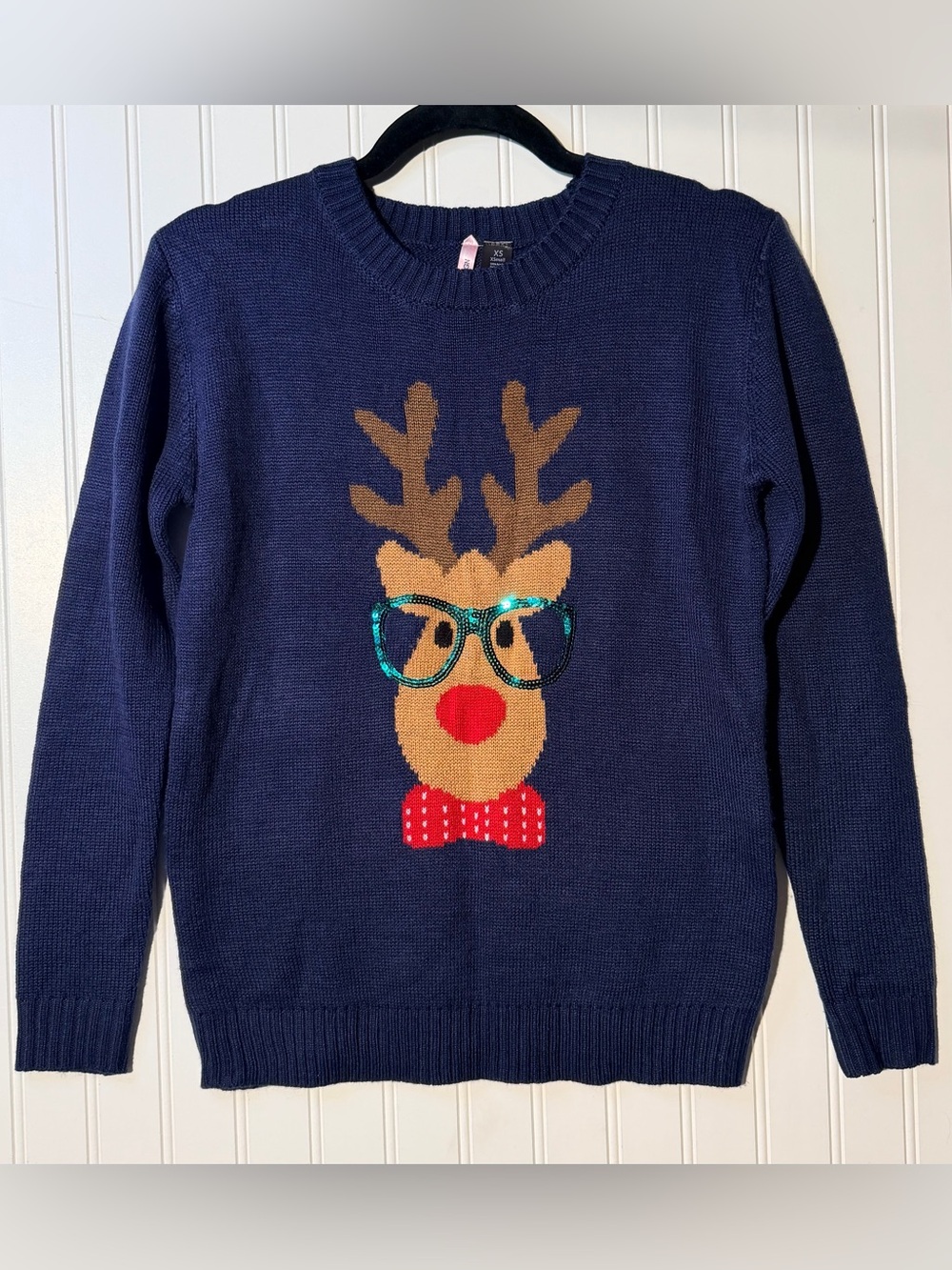 Love By Design Navy Reindeer Sweater with Red Bow and Glitter Green  Glasses